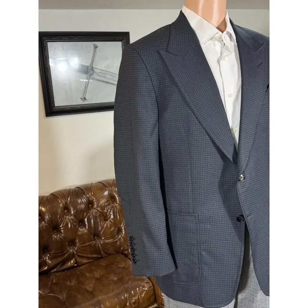 Tom Ford Blue Houndstooth Blazer Peak Lapel Sport Jacket 50 40R Wool Shelton EUC